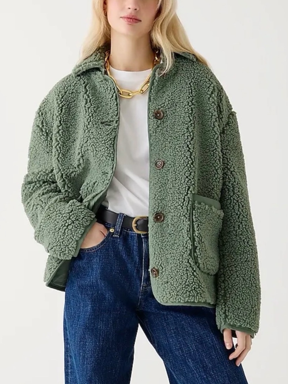J.Crew Faux Sherpa Teddy Barn Jacket Coat Fleece Sage Green Women’s S BW067